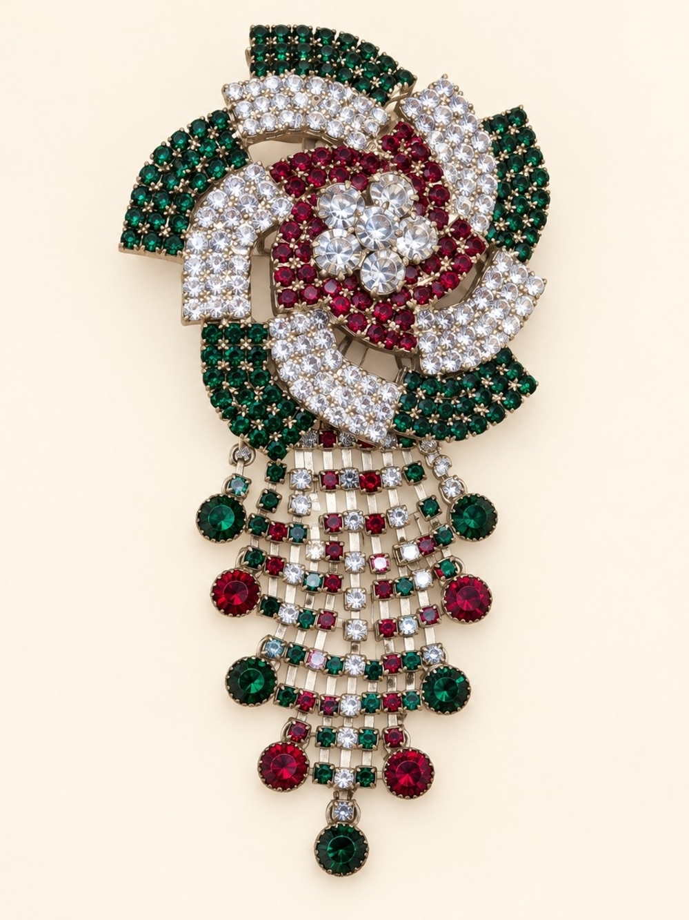Crystal Floral Statement Brooch in Green, Red & Clear